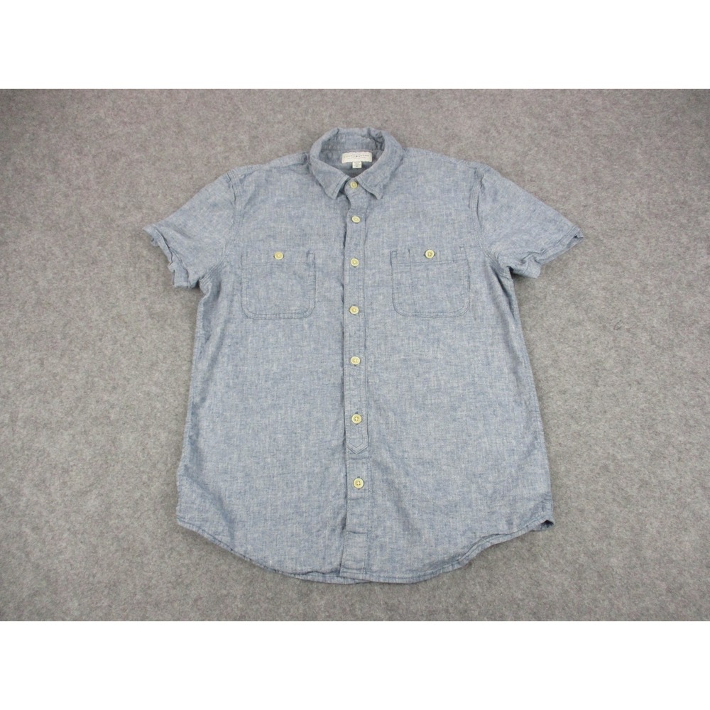 Lucky Brand Shirt Mens Medium Blue Chambray Short Sleeve Button Up Linen Blend